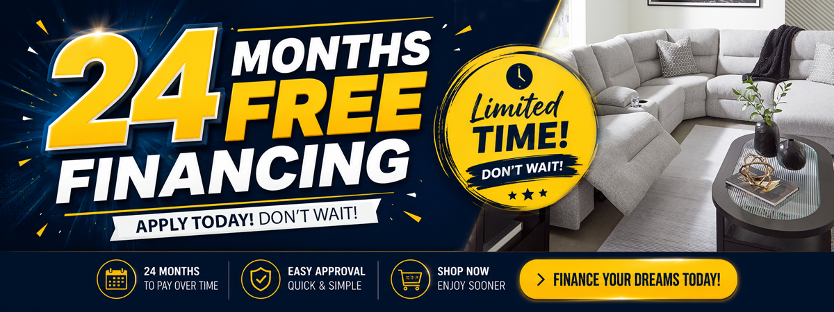 24 months free FURNITURE financing on a sectional sofa with promotional text and call-to-action buttons.