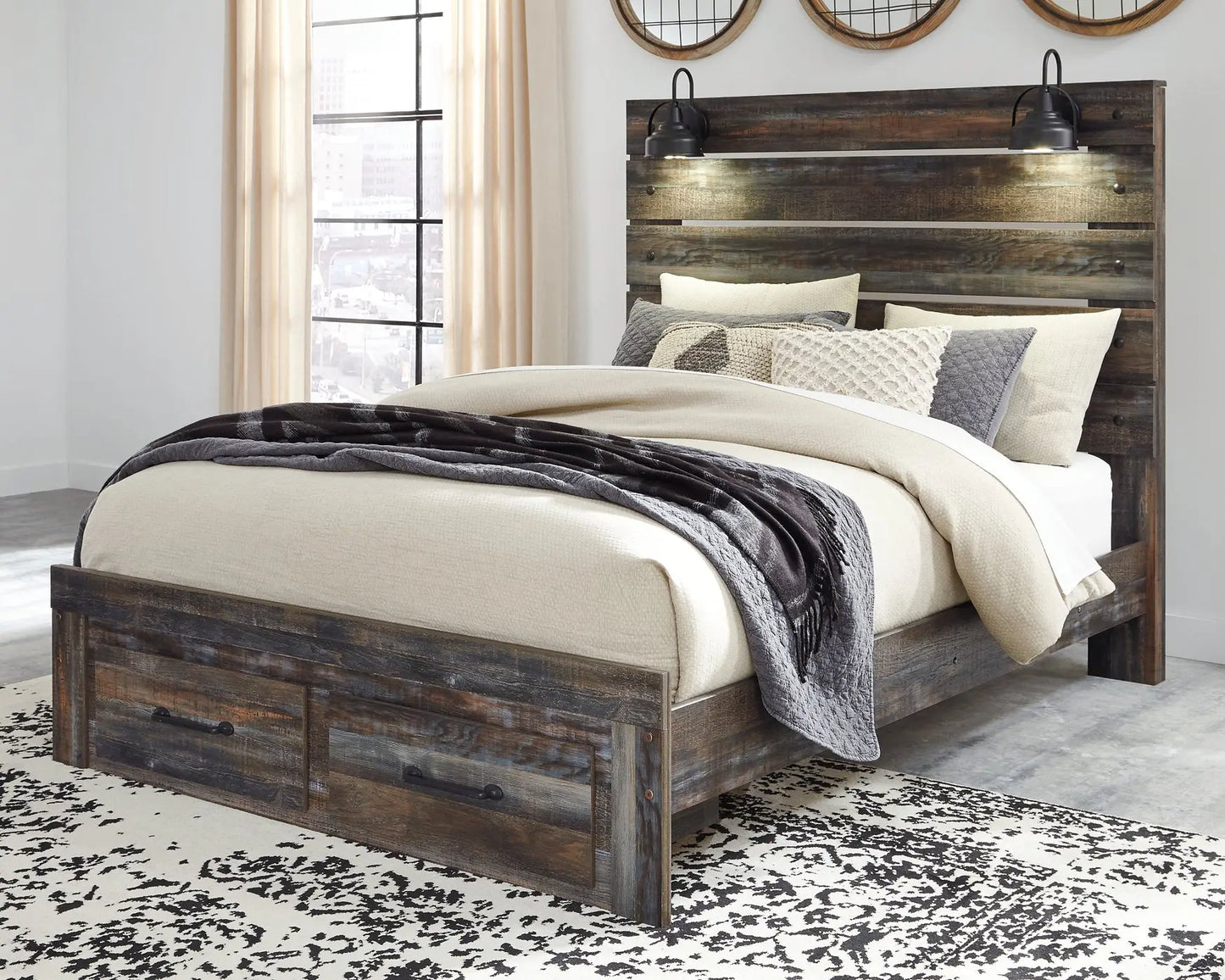 Drystan Queen Panel Bed with 2 Storage Drawers with Mirrored Dresser Premier Furniture & Mattress