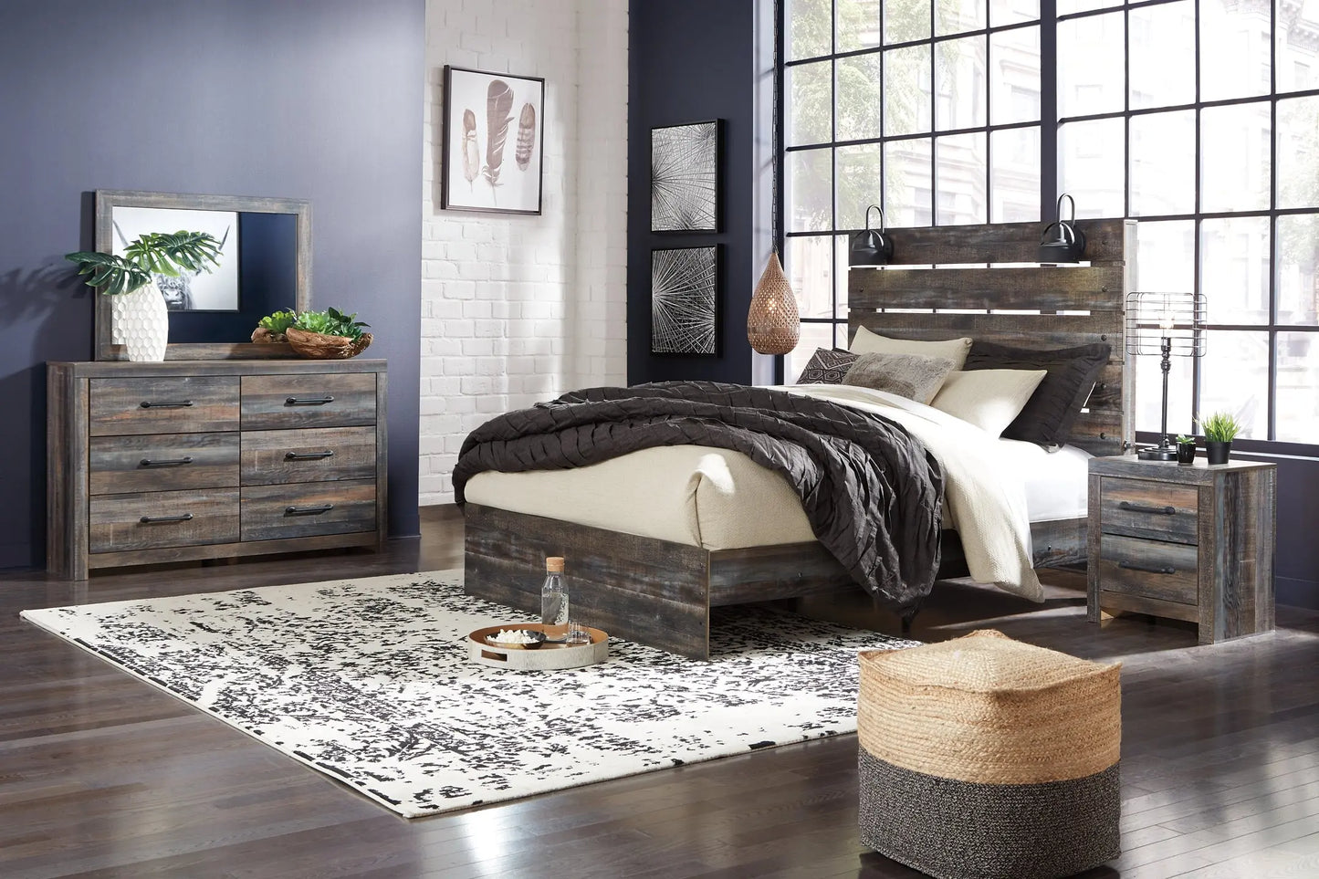 Drystan Queen Panel Bed with Mirrored Dresser and Nightstand Premier Furniture & Mattress