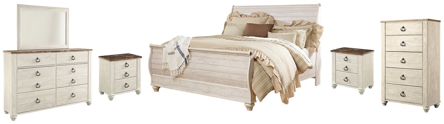 Willowton Sleigh Bed With Mirrored Dresser, Chest And 2 Nightstands