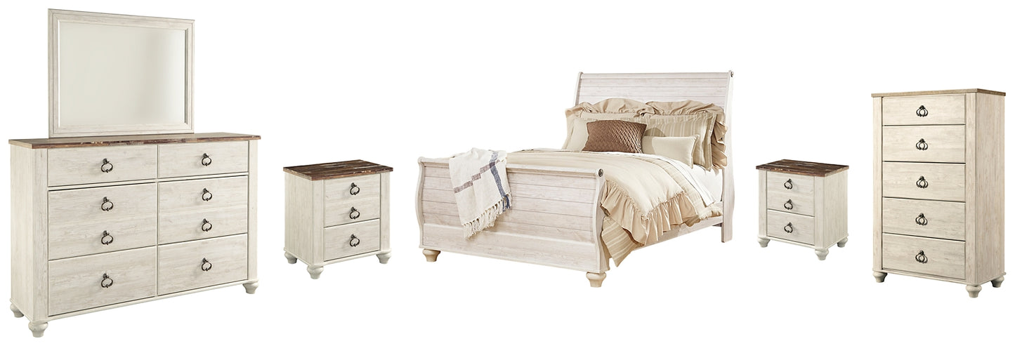 Willowton Sleigh Bed With Mirrored Dresser, Chest And 2 Nightstands