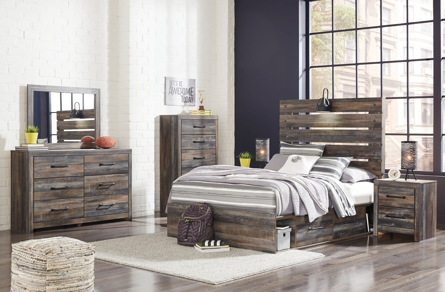 Drystan Panel Bed With 2 Storage Drawers With Mirrored Dresser - Premier Furniture & Mattress