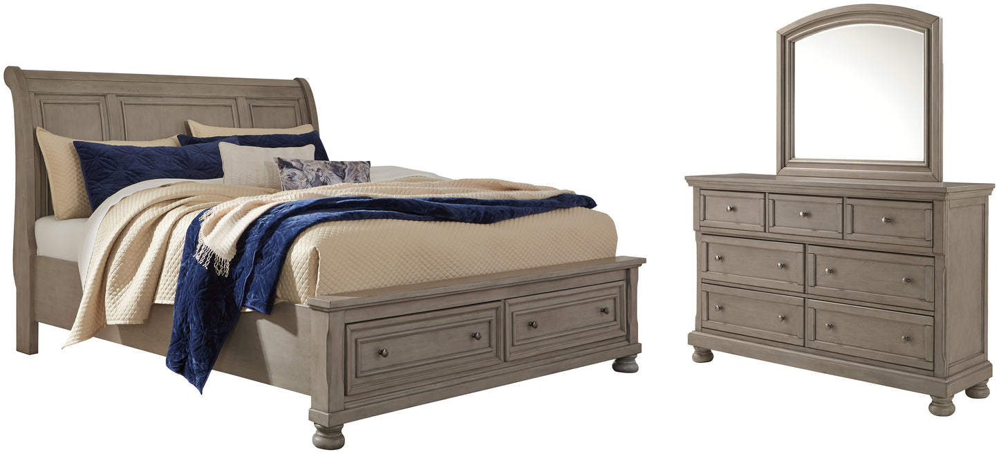 Lettner King Sleigh Bed with 2 Storage Drawers with Mirrored Dresser - Premier Furniture & Mattress