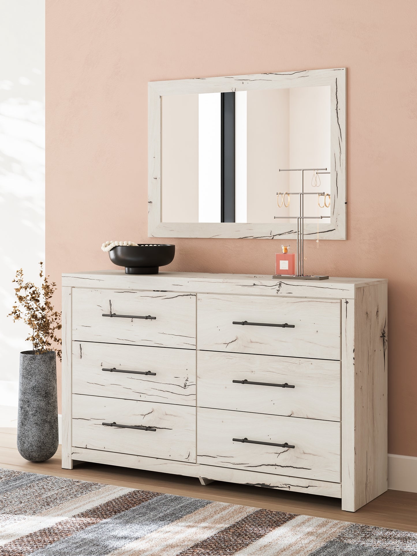 Lawroy Twin Panel Headboard with Mirrored Dresser