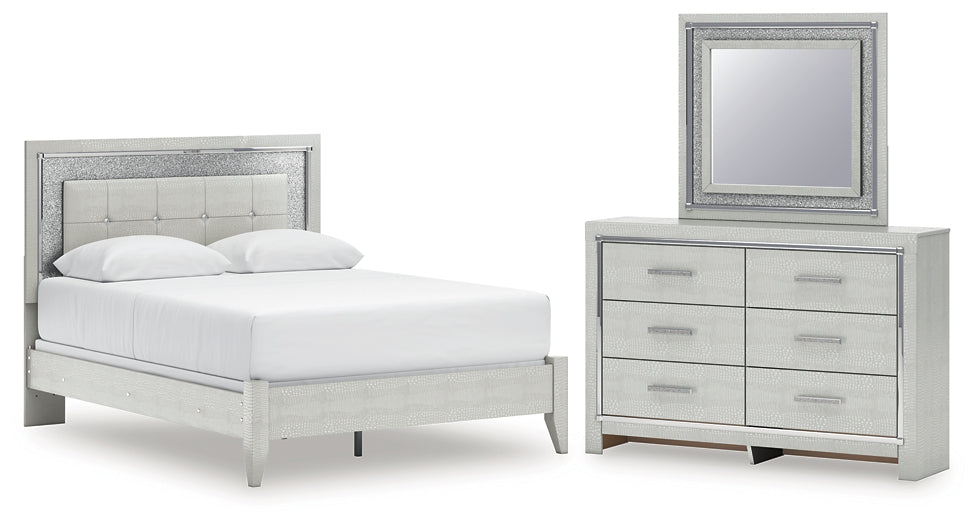 Zyniden Queen Upholstered Panel Bed with Mirrored Dresser