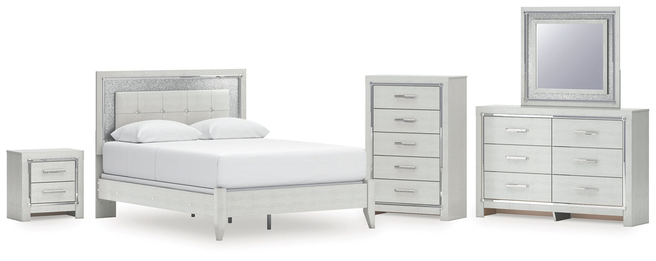 Zyniden Queen Upholstered Panel Bed with Mirrored Dresser, Chest and Nightstand