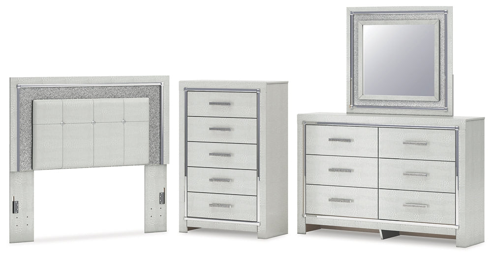 Zyniden Full Upholstered Panel Headboard with Mirrored Dresser and Chest