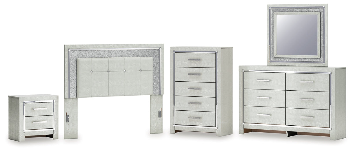 Zyniden Queen Upholstered Panel Headboard with Mirrored Dresser, Chest and Nightstand