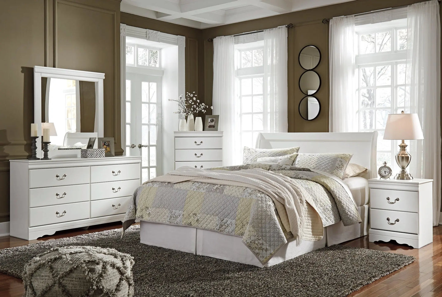 Anarasia Queen Sleigh Headboard with Mirrored Dresser, Chest and 2 Nightstands Premier Furniture & Mattress
