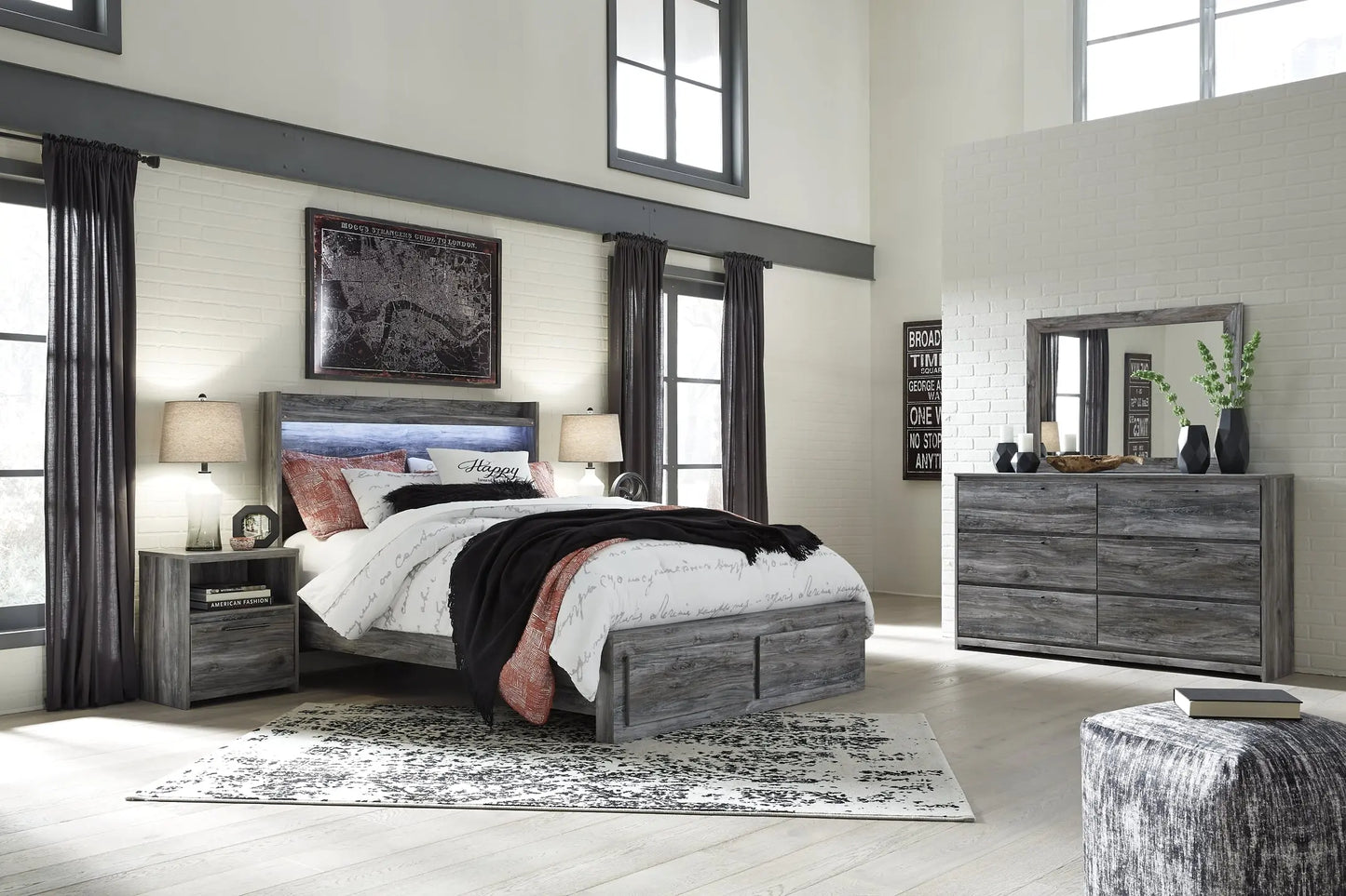 Baystorm Queen Panel Bed with 2 Storage Drawers with Mirrored Dresser and Nightstand - Premier Furniture & Mattress
