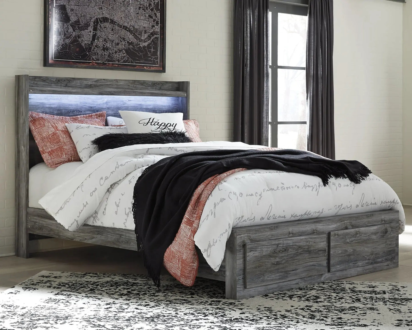Baystorm Queen Panel Bed with 2 Storage Drawers with Mirrored Dresser and Nightstand - Premier Furniture & Mattress