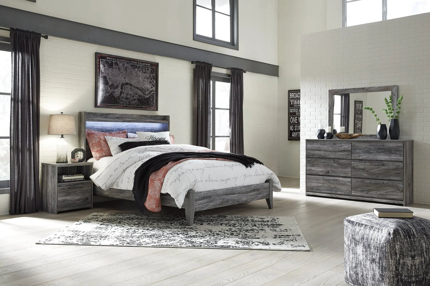 Baystorm Queen Panel Bed with Mirrored Dresser and Nightstand - Premier Furniture & Mattress