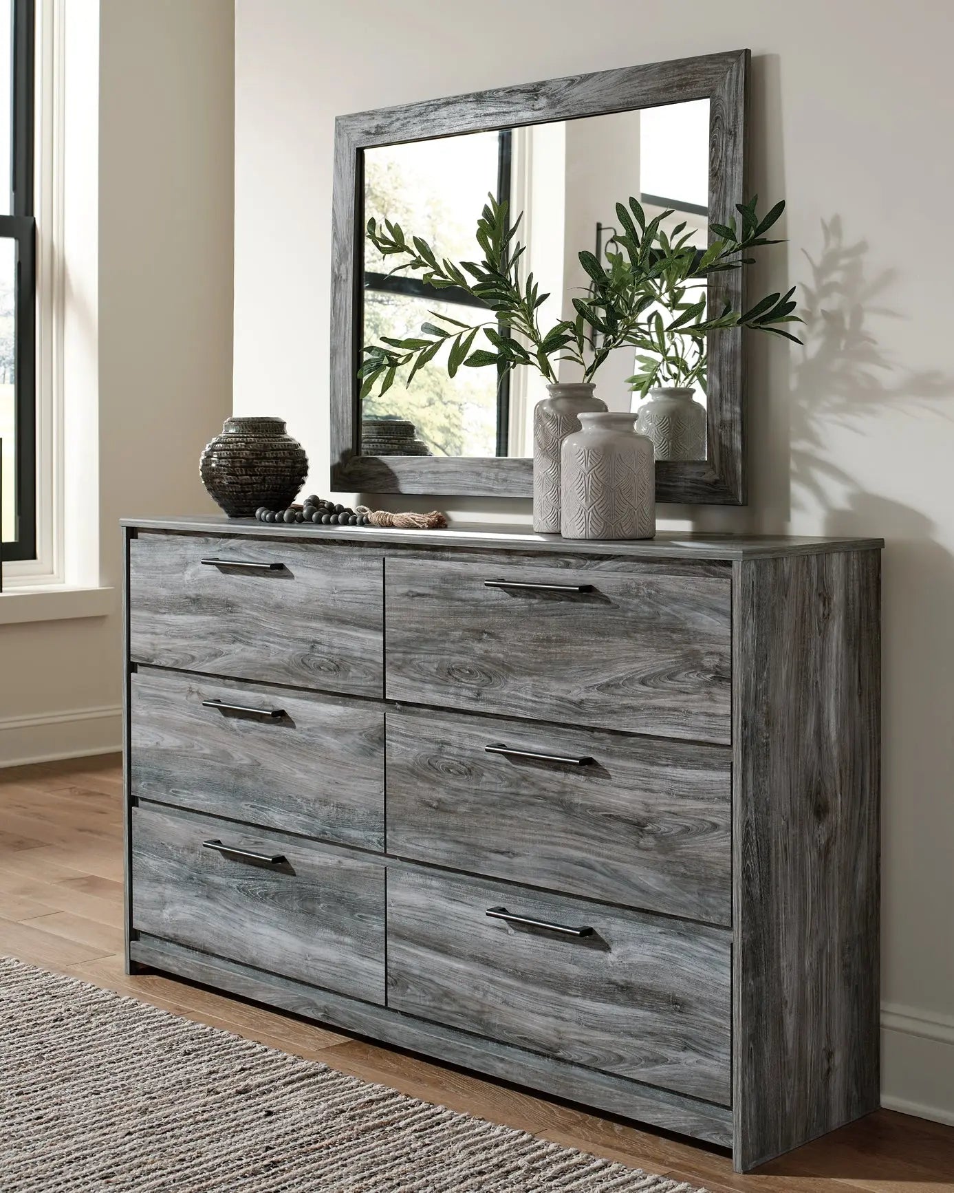 Baystorm Queen Panel Bed with Mirrored Dresser and Nightstand - Premier Furniture & Mattress