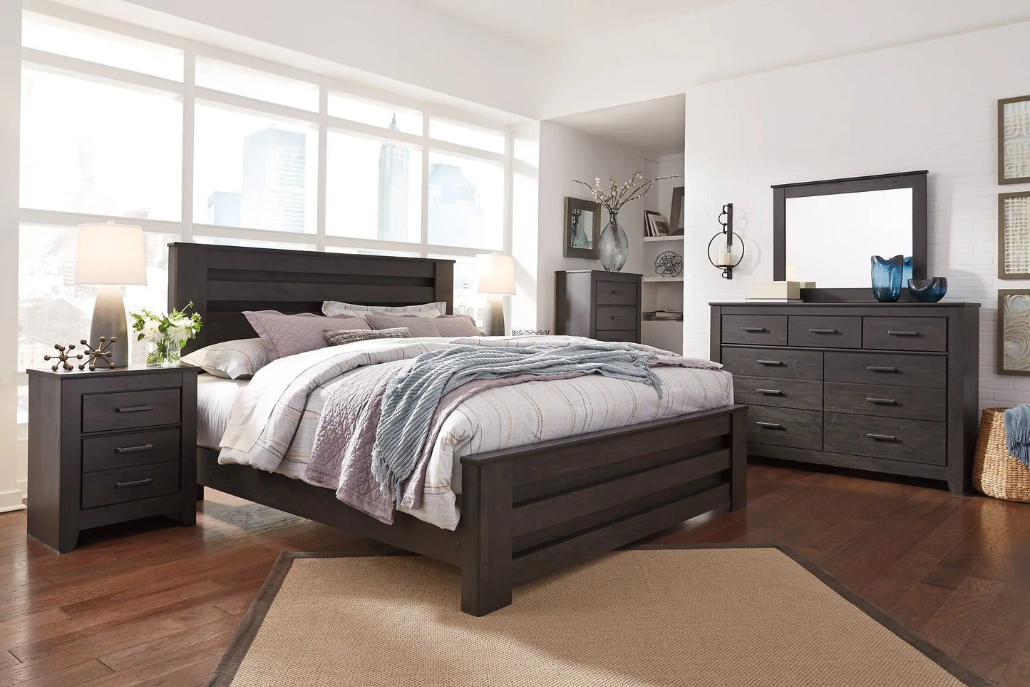 Brinxton King Panel Bed with Mirrored Dresser - Premier Furniture & Mattress