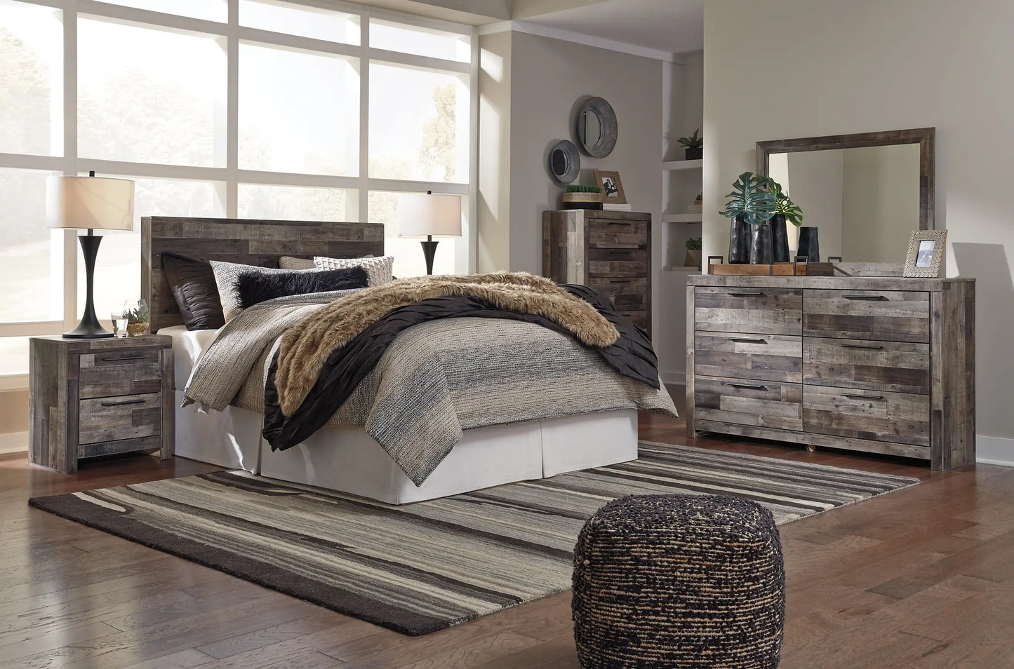 Derekson Queen/Full Panel Headboard with Mirrored Dresser, Chest and Nightstand - Premier Furniture & Mattress