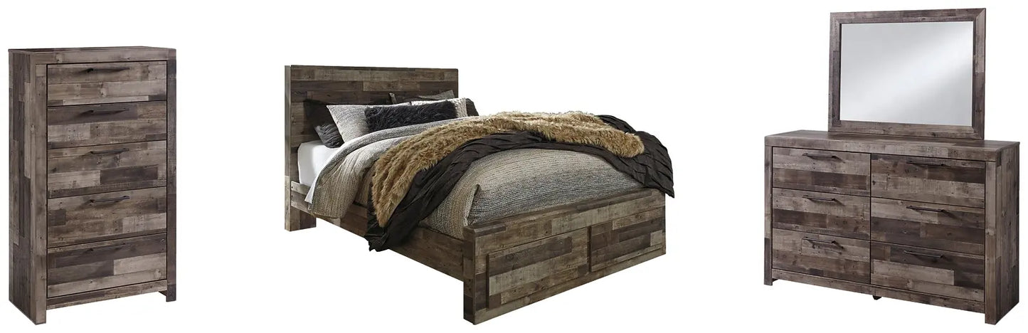 Derekson Queen Panel Bed with 2 Storage Drawers with Mirrored Dresser and Chest - Premier Furniture & Mattress