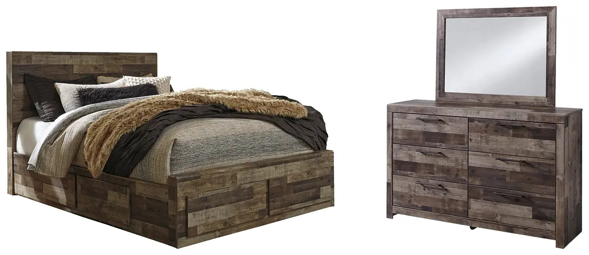 Derekson Queen Panel Bed with 4 Storage Drawers with Mirrored Dresser - Premier Furniture & Mattress