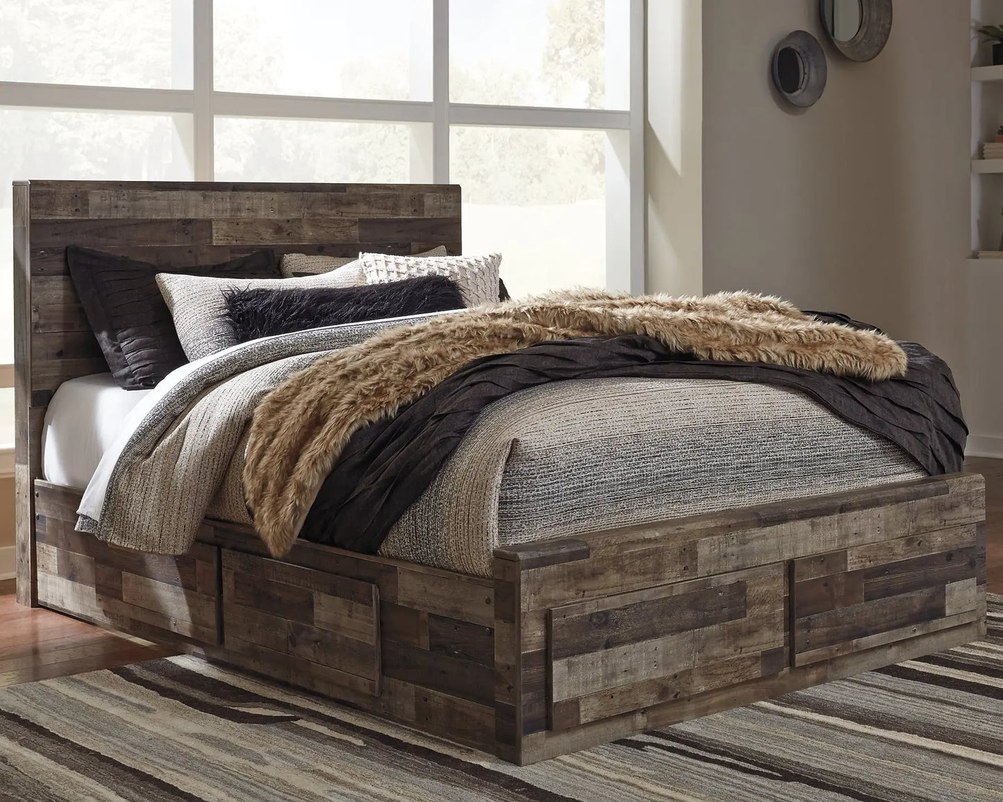 Derekson Queen Panel Bed with 4 Storage Drawers with Mirrored Dresser - Premier Furniture & Mattress