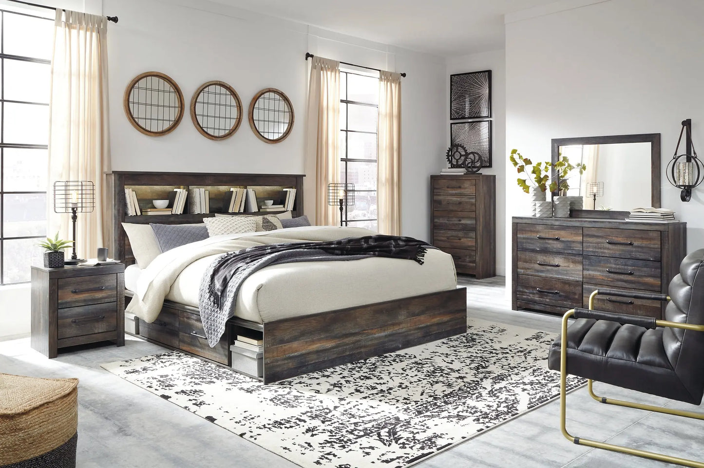 Drystan King Bookcase Bed with 2 Storage Drawers with Mirrored Dresser Premier Furniture & Mattress