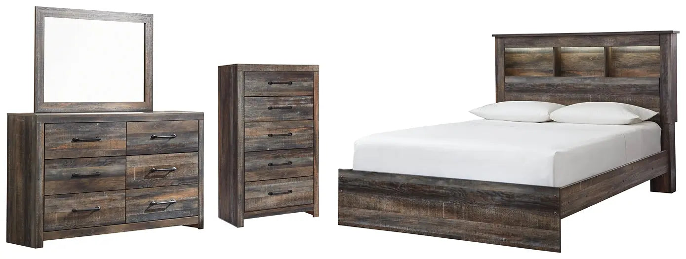 Drystan Queen Bookcase Bed with Mirrored Dresser and Chest - Premier Furniture & Mattress