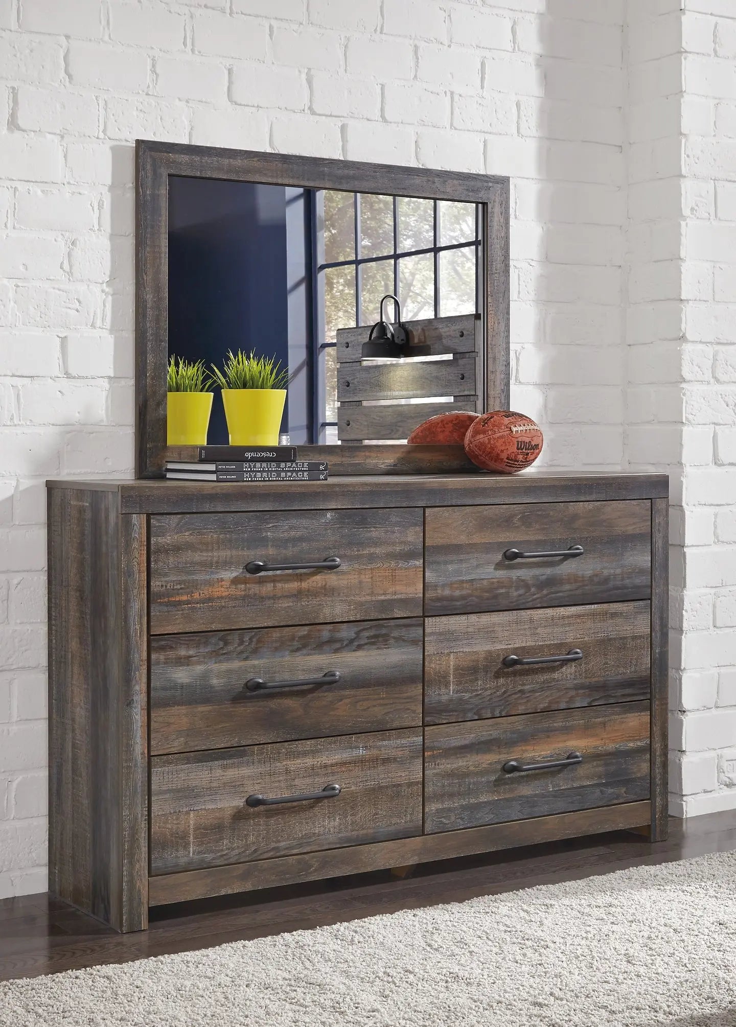 Drystan Queen/Full Bookcase Headboard with Mirrored Dresser and 2 Nightstands Premier Furniture & Mattress