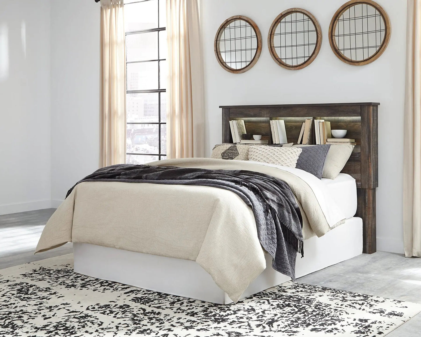 Drystan Queen/Full Bookcase Headboard with Mirrored Dresser and 2 Nightstands Premier Furniture & Mattress