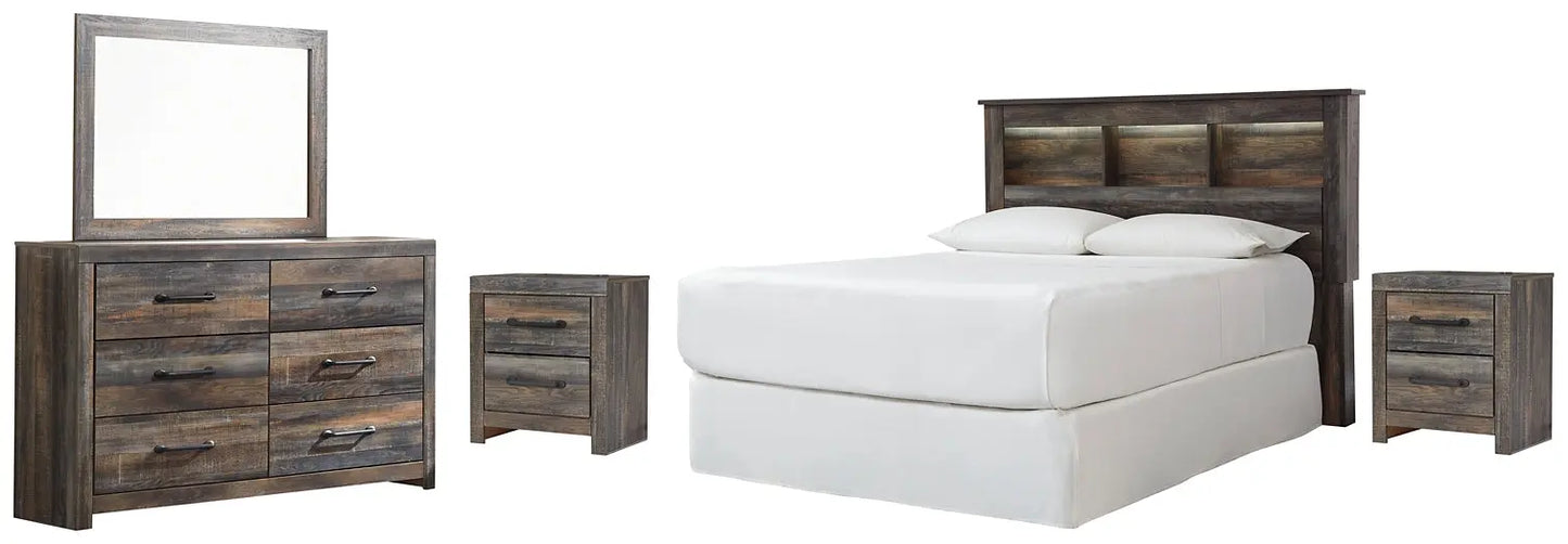 Drystan Queen/Full Bookcase Headboard with Mirrored Dresser and 2 Nightstands Premier Furniture & Mattress