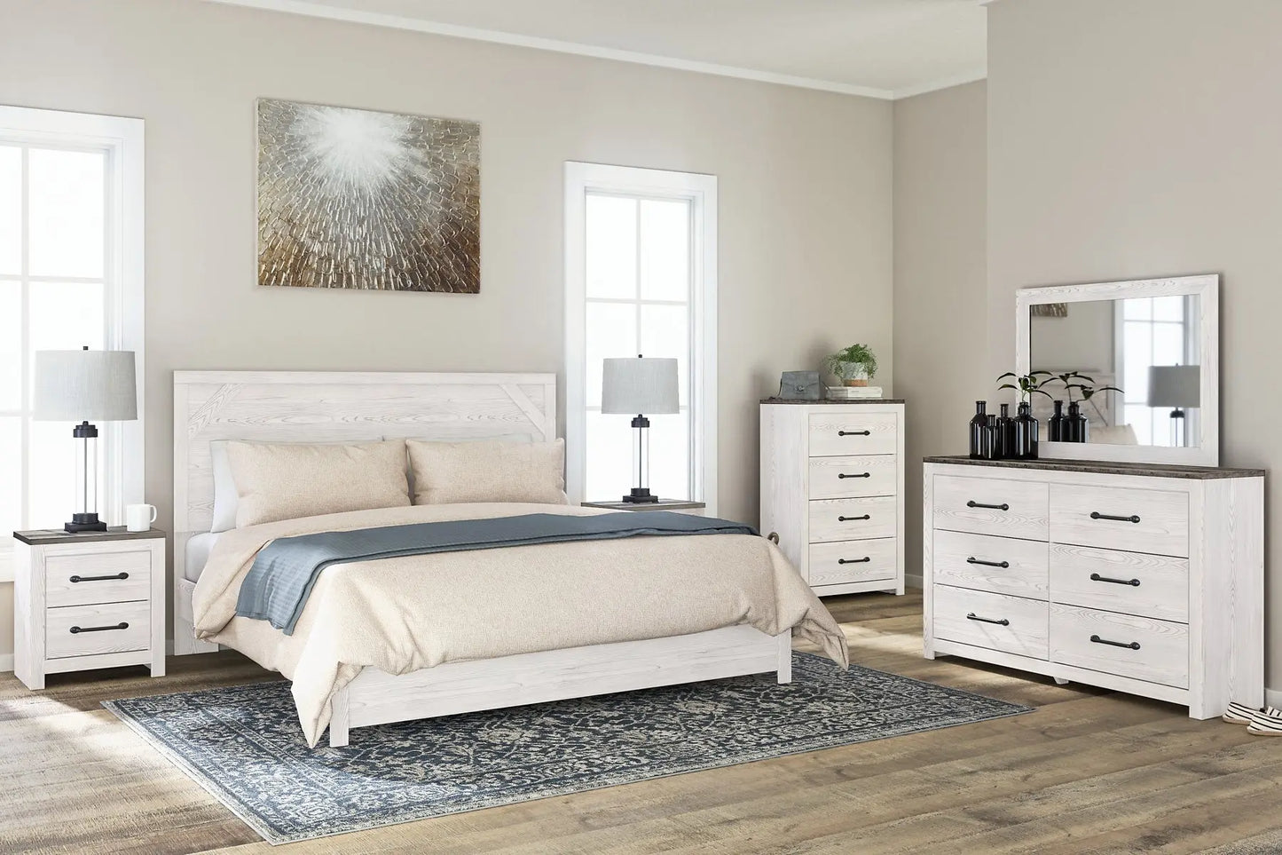 Gerridan King Panel Bed with Mirrored Dresser and Chest Premier Furniture & Mattress