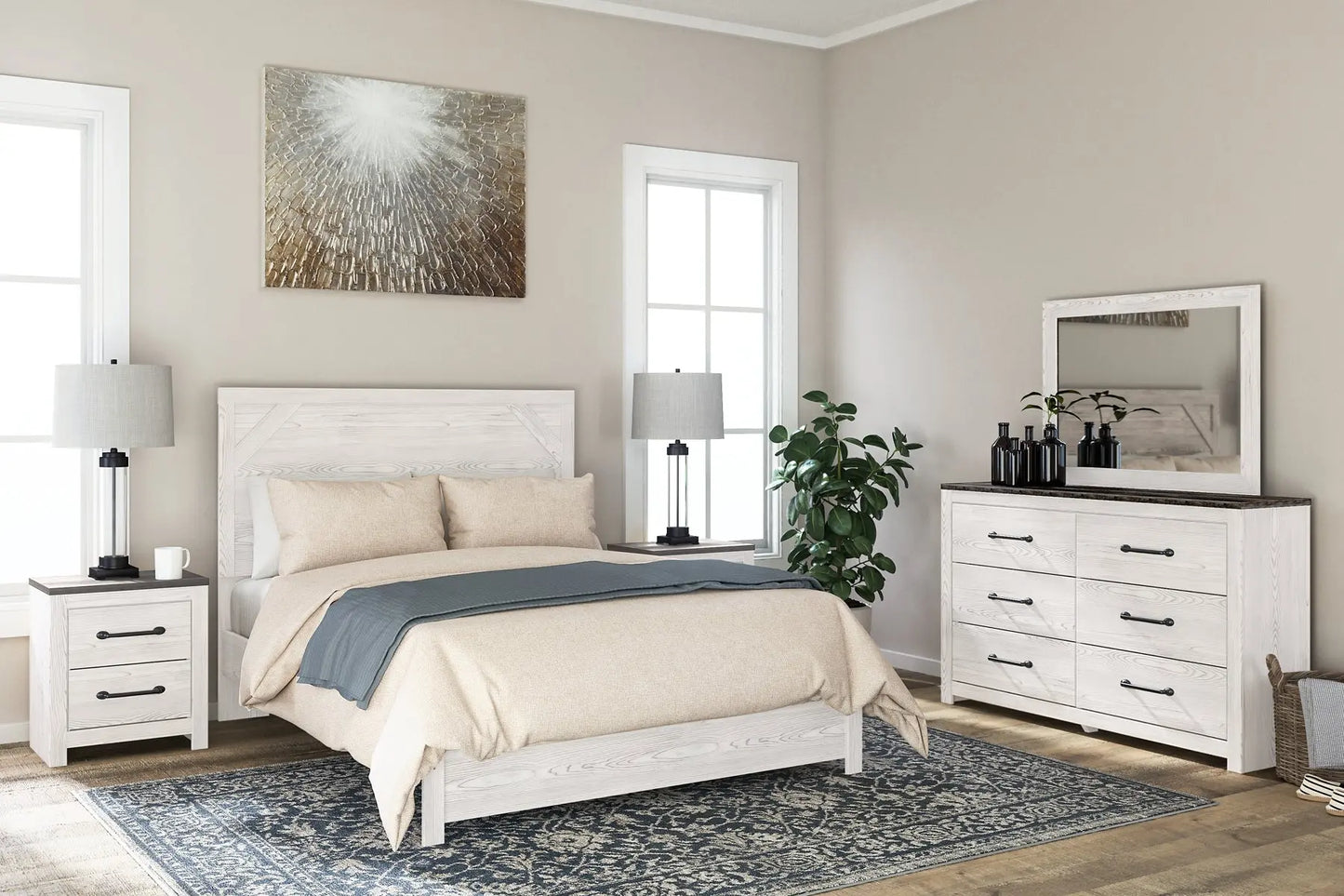 Gerridan Queen Panel Bed with Mirrored Dresser and 2 Nightstands Premier Furniture & Mattress