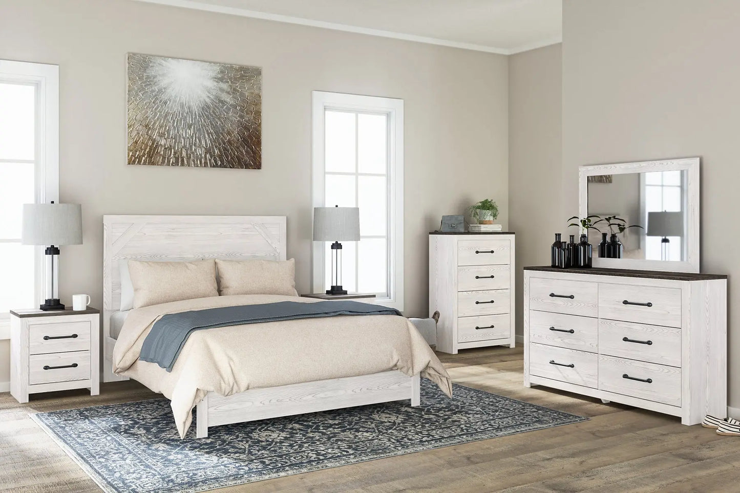 Gerridan Queen Panel Bed with Mirrored Dresser and Chest Premier Furniture & Mattress