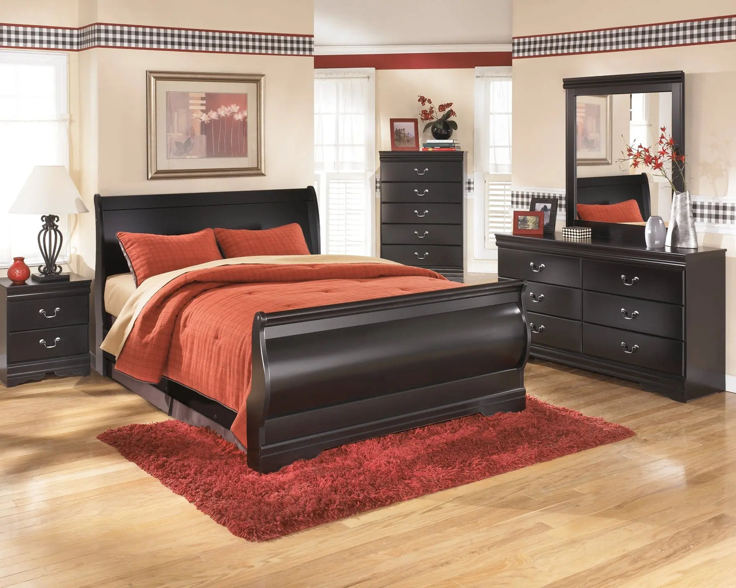 Huey Vineyard Queen Sleigh Bed with Mirrored Dresser, Chest and Nightstand - Premier Furniture & Mattress