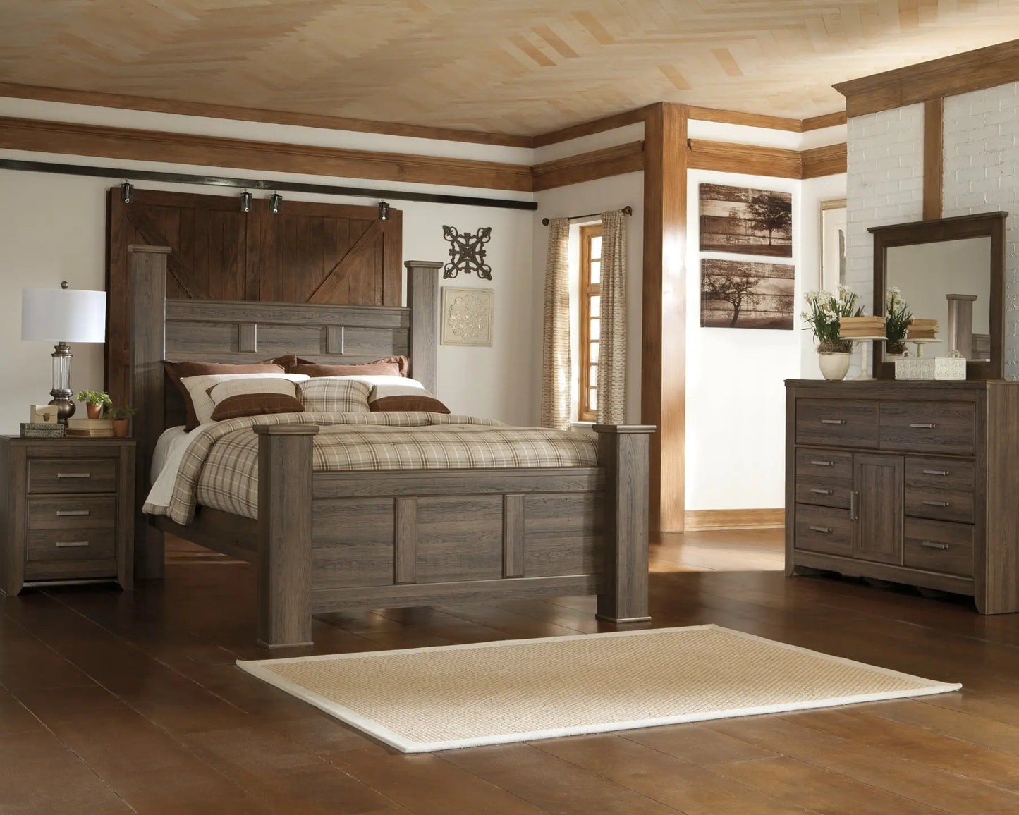 Juararo Queen Poster Bed with Mirrored Dresser Premier Furniture & Mattress