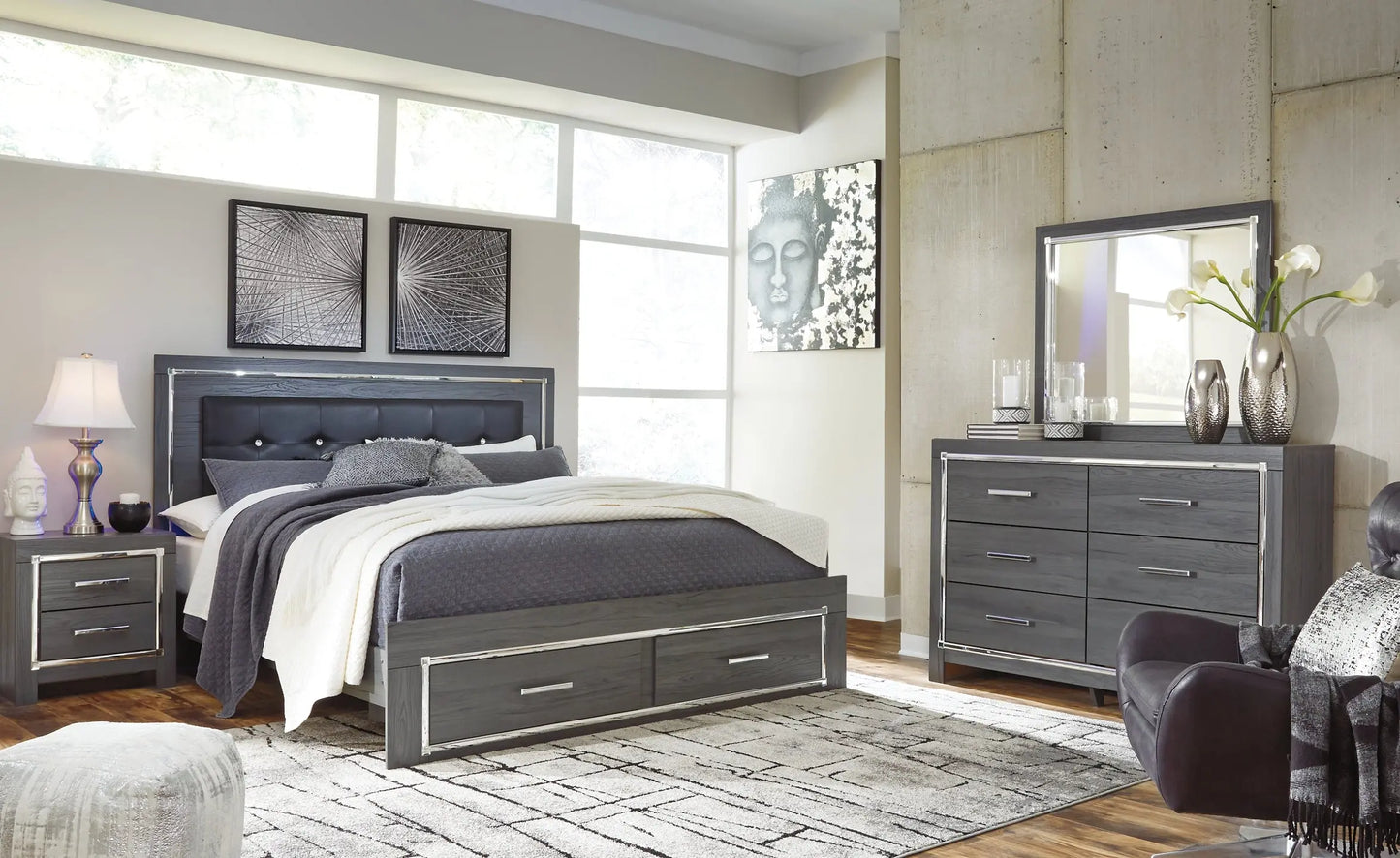 Lodanna King Panel Bed with 2 Storage Drawers with Mirrored Dresser Premier Furniture & Mattress