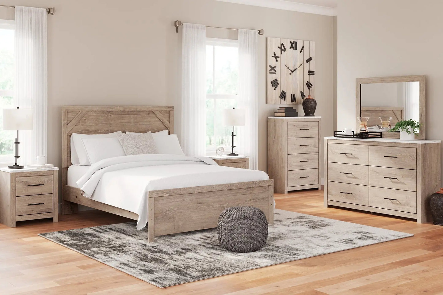 Senniberg Queen Panel Bed with Mirrored Dresser, Chest and Nightstand Premier Furniture & Mattress