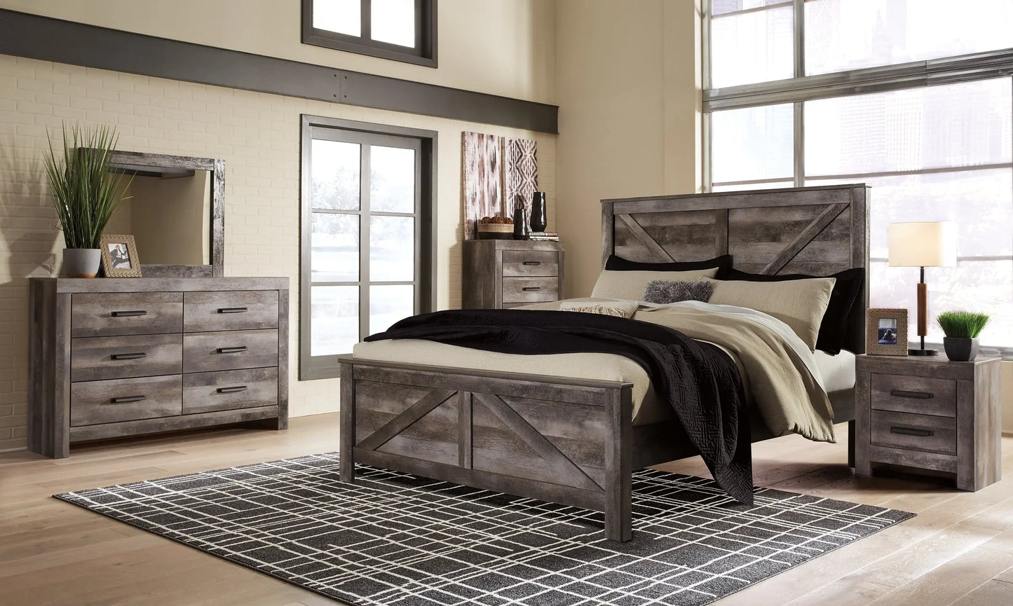 Wynnlow King Crossbuck Panel Bed with Mirrored Dresser Premier Furniture & Mattress