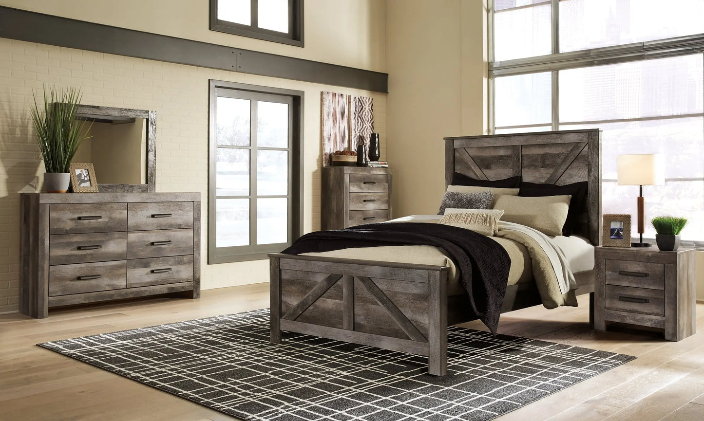 Wynnlow Queen Crossbuck Panel Bed with Mirrored Dresser and Chest Premier Furniture & Mattress