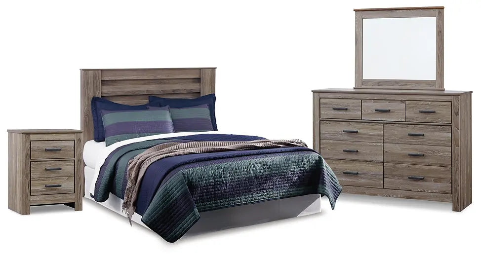 Zelen Queen Panel Headboard with Mirrored Dresser and Nightstand Premier Furniture & Mattress