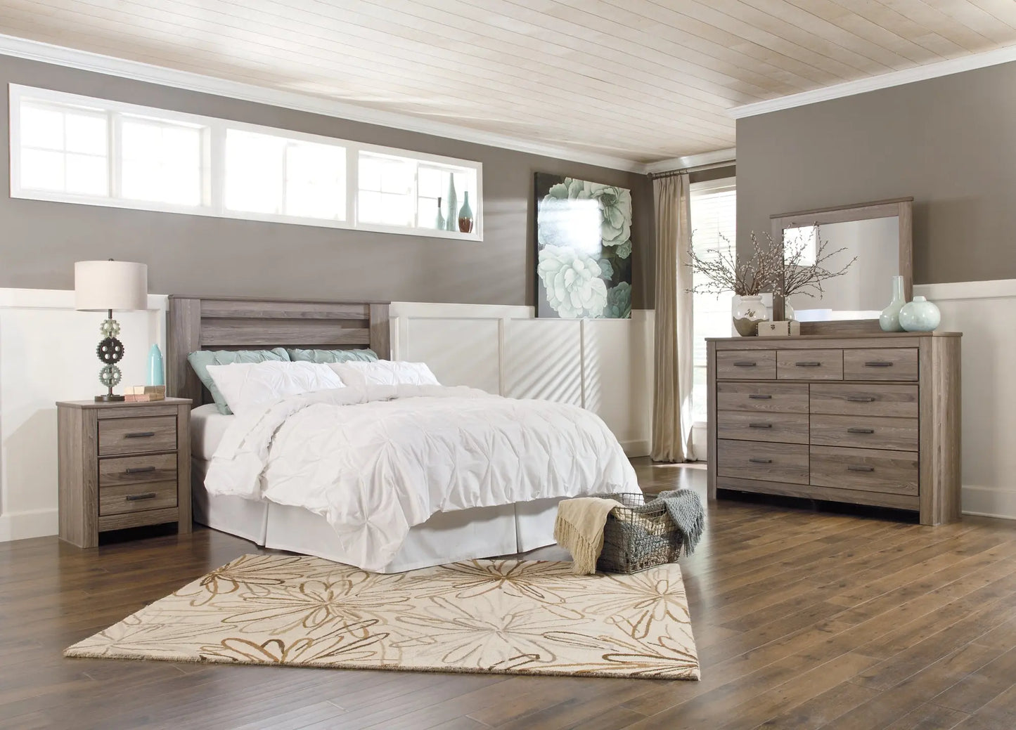Zelen Queen Panel Headboard with Mirrored Dresser and Nightstand Premier Furniture & Mattress