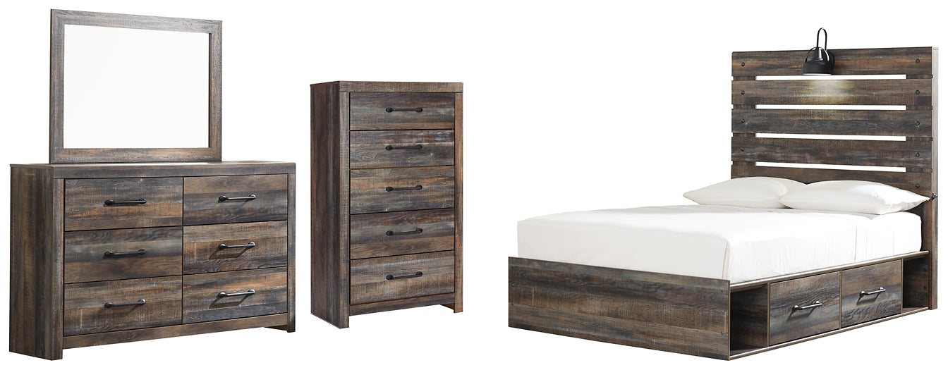 Drystan Full Panel Bed with 4 Storage Drawers with Mirrored Dresser and Chest - Premier Furniture & Mattress