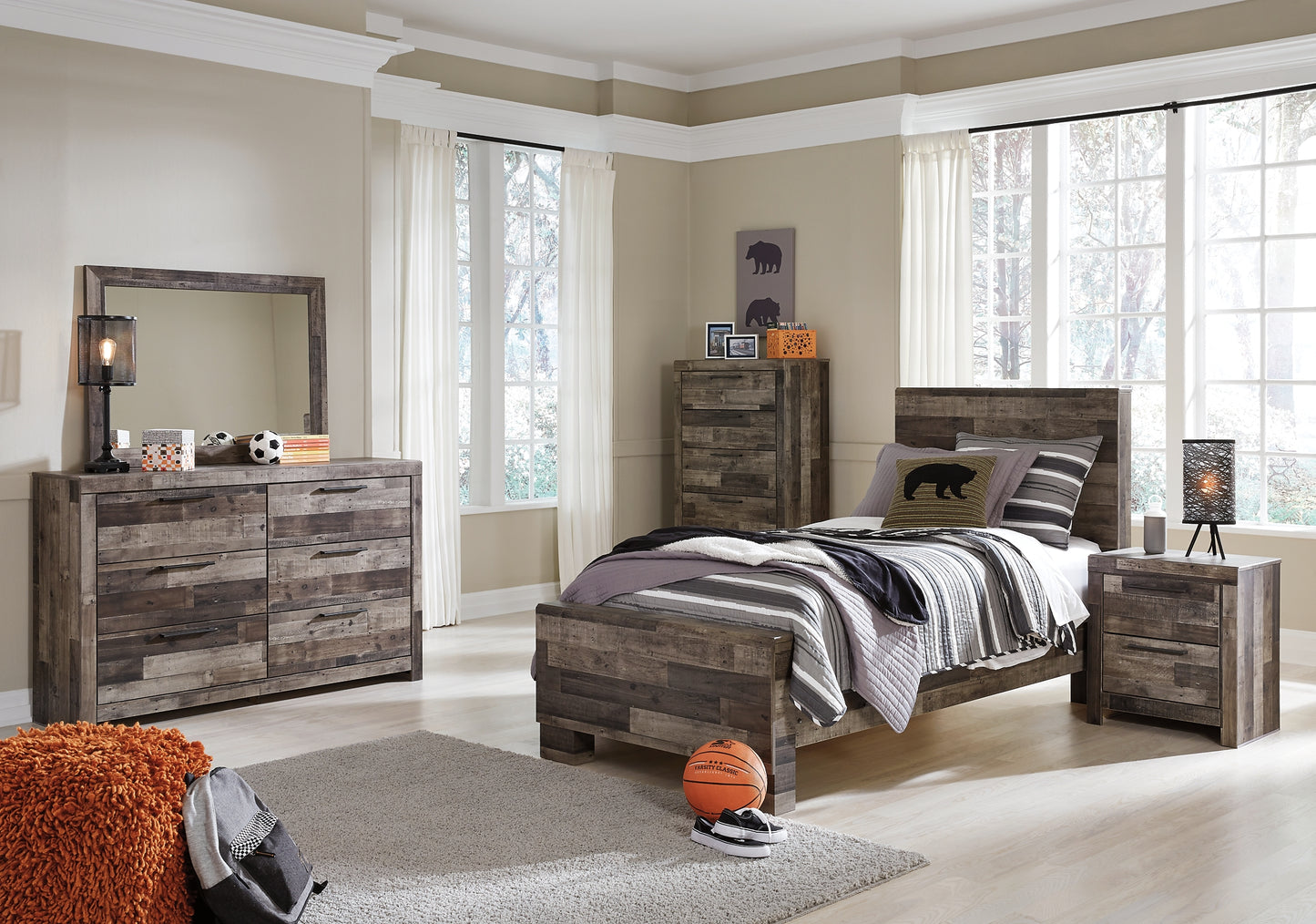 Derekson Twin Panel Bed with Mirrored Dresser, Chest and Nightstand - Premier Furniture & Mattress