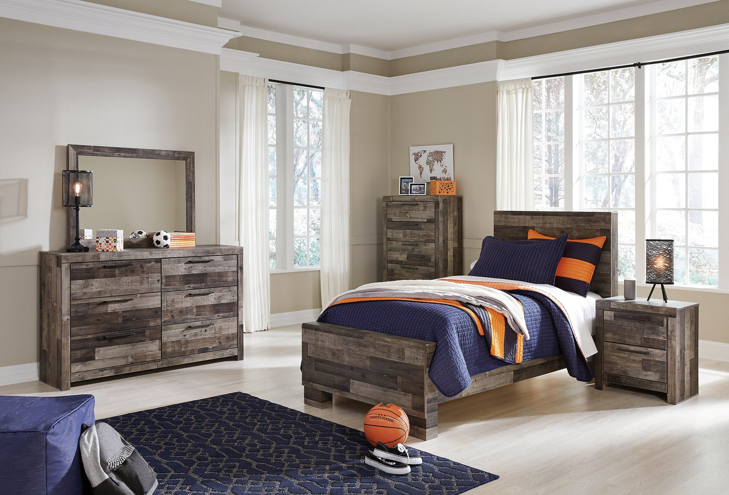 Derekson Twin Panel Bed with Mirrored Dresser, Chest and Nightstand - Premier Furniture & Mattress