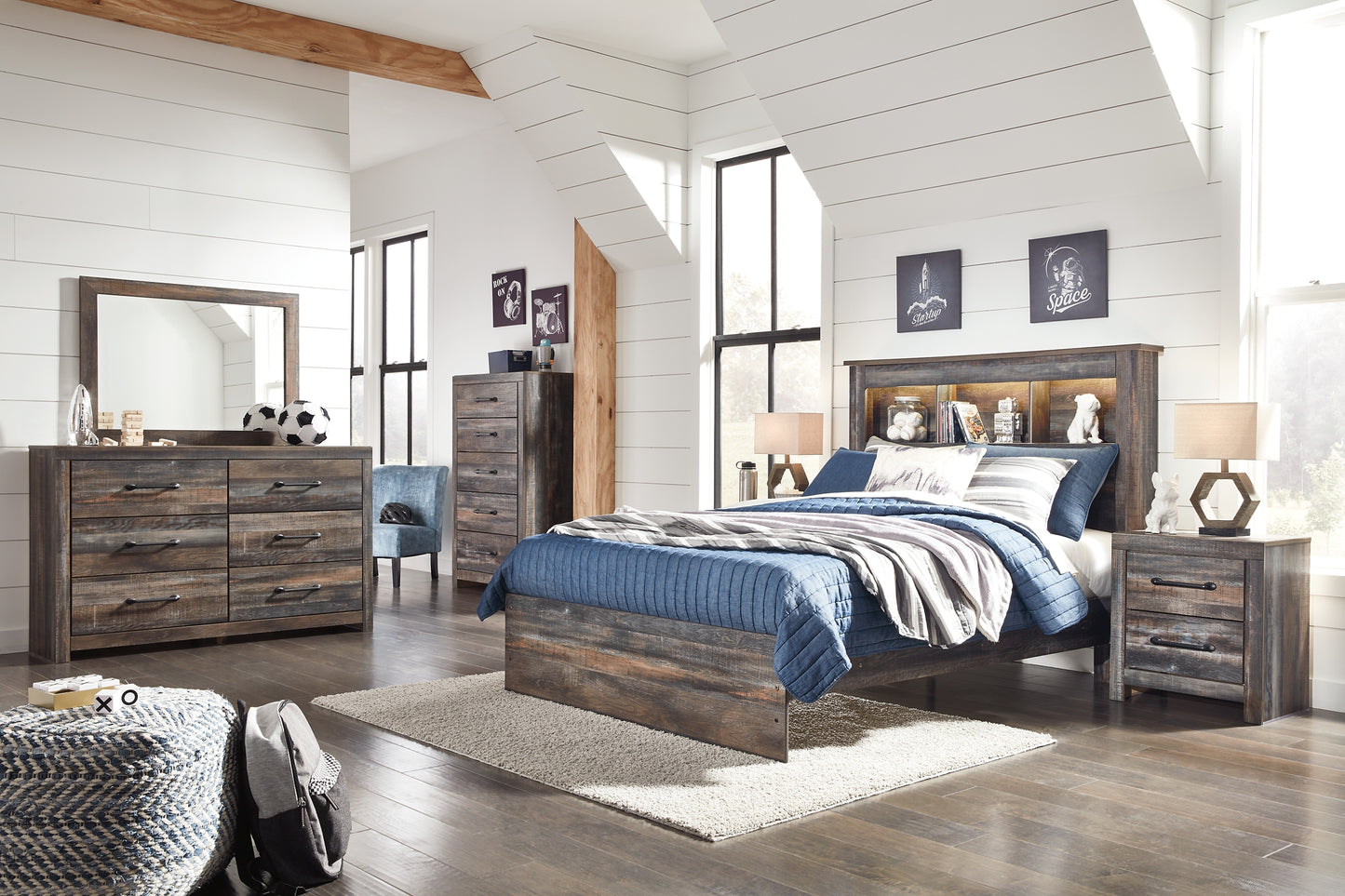 Drystan Full Bookcase Bed with Mirrored Dresser and Chest - Premier Furniture & Mattress
