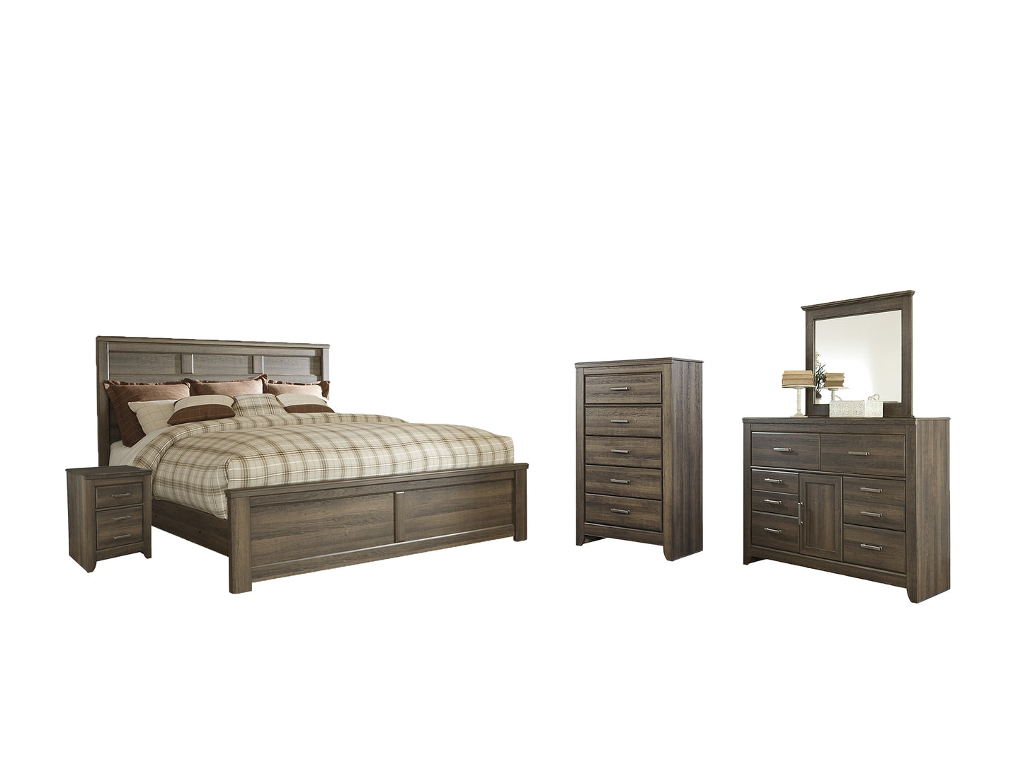 Juararo California King Panel Bed with Mirrored Dresser, Chest and Nightstand - Premier Furniture & Mattress