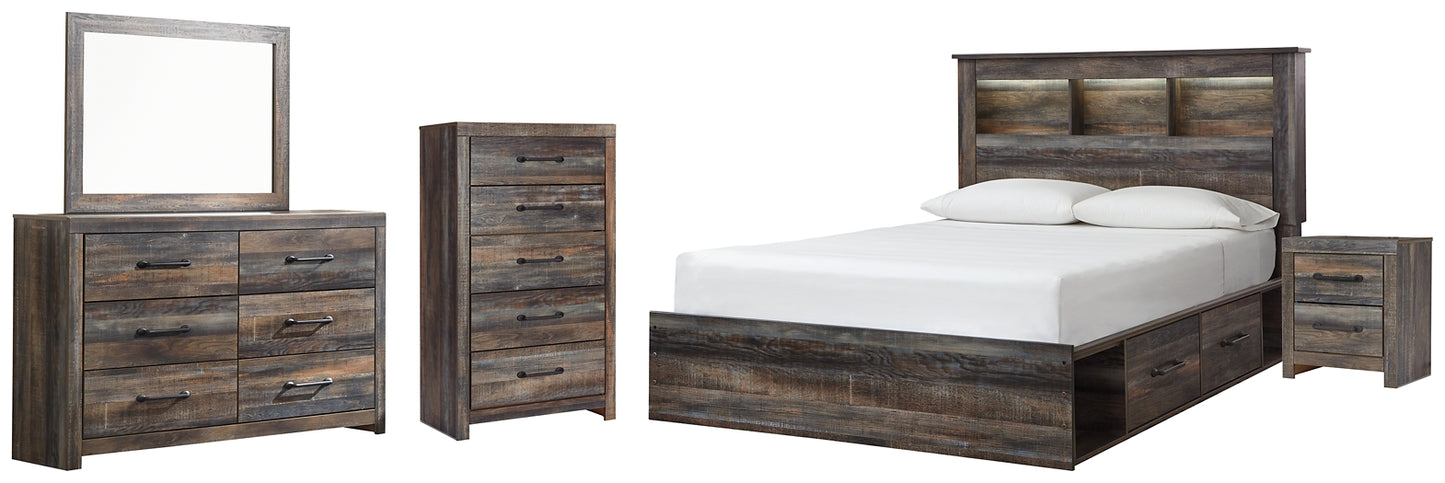 Drystan Queen Bookcase Bed with 4 Storage Drawers with Mirrored Dresser, Chest and Nightstand - Premier Furniture & Mattress