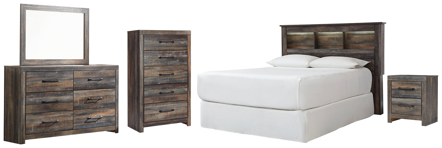 Drystan Queen/Full Bookcase Headboard with Mirrored Dresser, Chest and Nightstand - Premier Furniture & Mattress