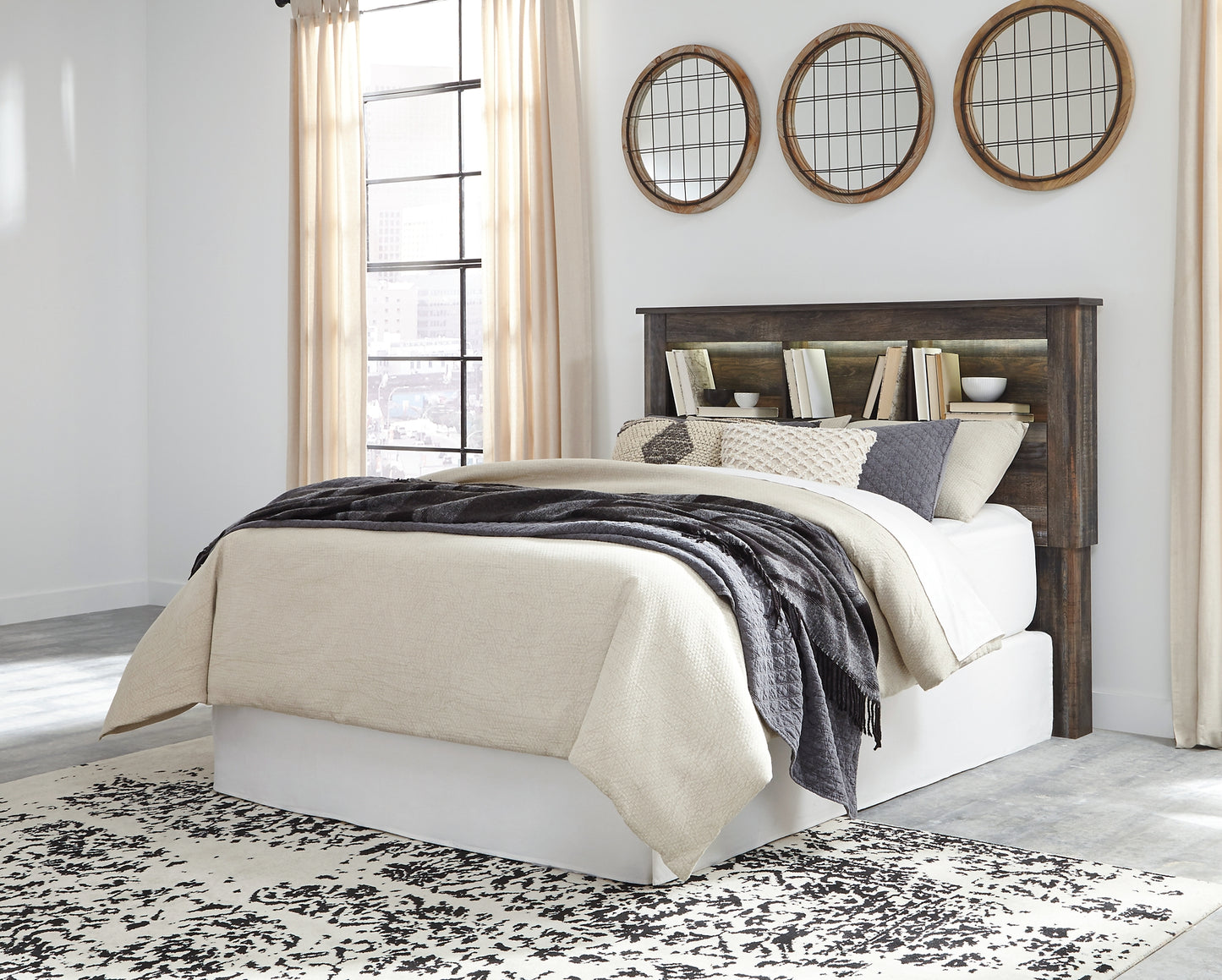 Drystan Queen/Full Bookcase Headboard with Mirrored Dresser, Chest and Nightstand - Premier Furniture & Mattress