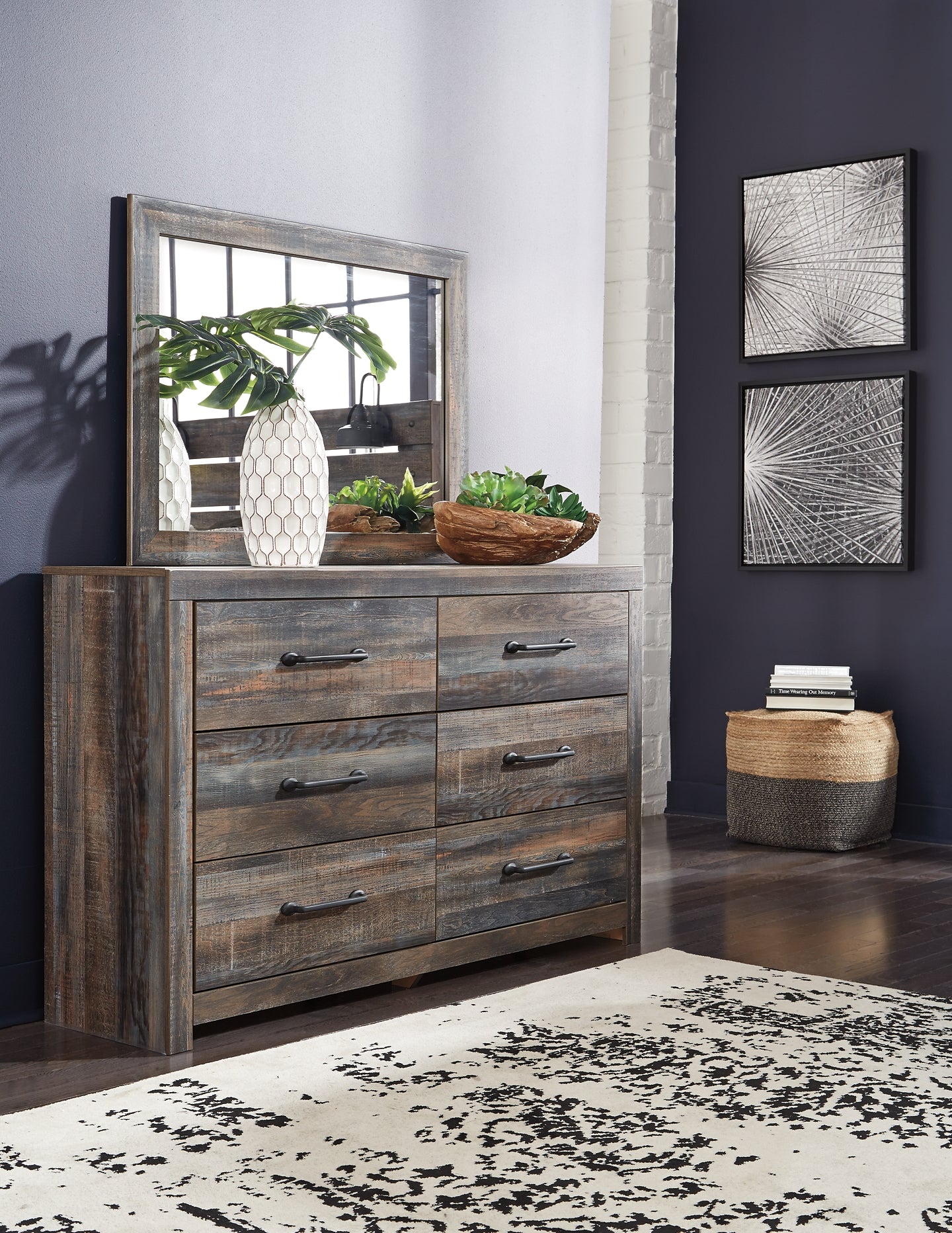 Drystan Full Bookcase Bed with 2 Storage Drawers with Mirrored Dresser - Premier Furniture & Mattress
