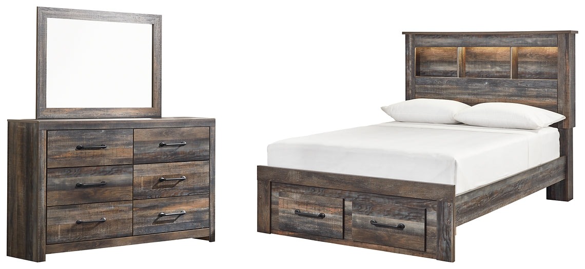 Drystan Full Bookcase Bed with 2 Storage Drawers with Mirrored Dresser - Premier Furniture & Mattress
