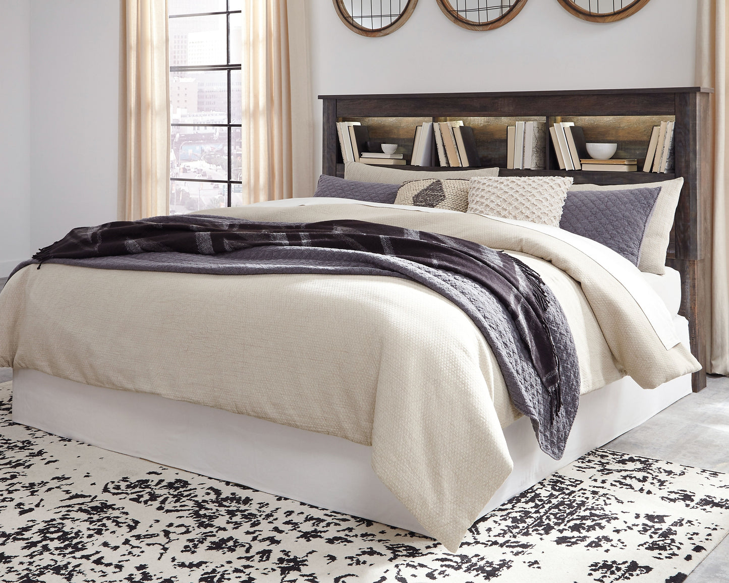 Drystan King/California King Bookcase Headboard with Mirrored Dresser, Chest and Nightstand - Premier Furniture & Mattress
