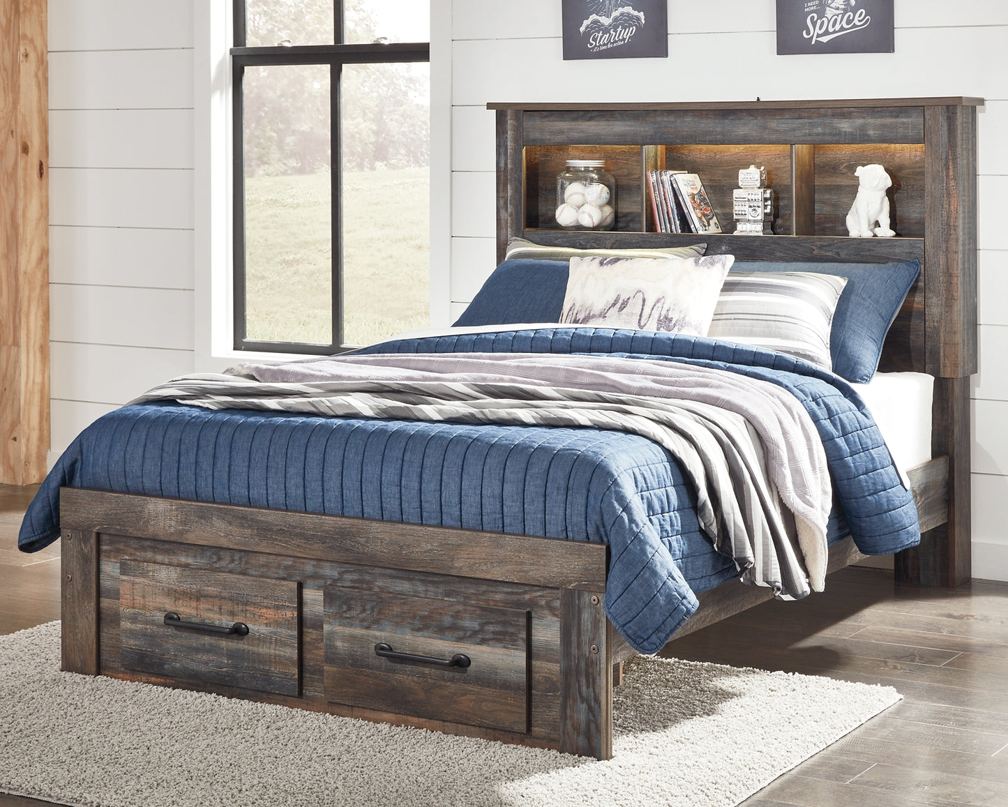 Drystan Full Bookcase Bed with 2 Storage Drawers with Mirrored Dresser, Chest and Nightstand - Premier Furniture & Mattress